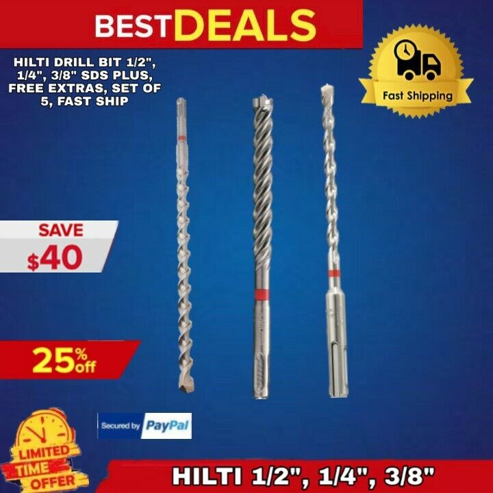 HILTI DRILL BIT 1/2", 1/4", 3/8" SDS PLUS, FREE EXTRAS, SET OF 5