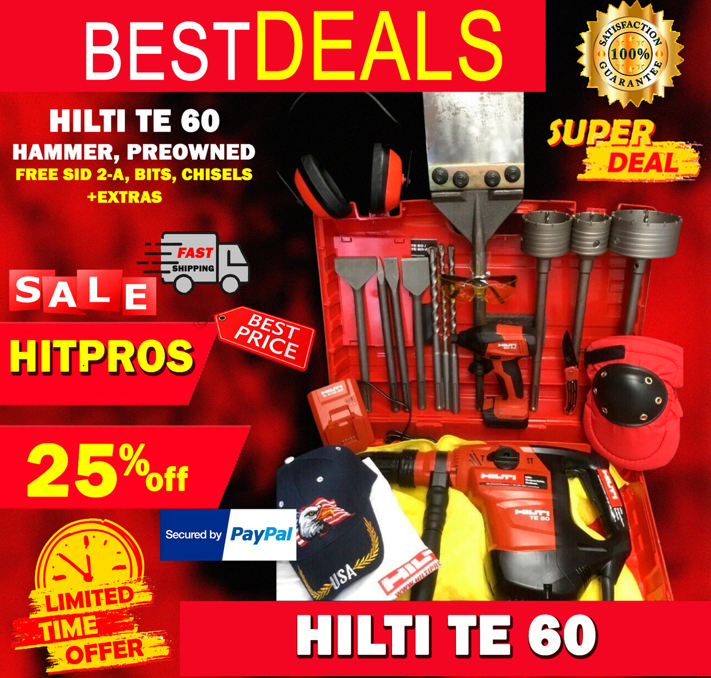 HILTI TE 60 HAMMER, PREOWNED, FREE SID 2-A, BITS, CHISELS, EXTRAS