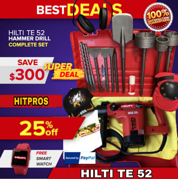 HILTI TE 52 HAMMER DRILL, PREOWNED, FREE CHISELS, BITS, EXTRAS, FAST SHIP