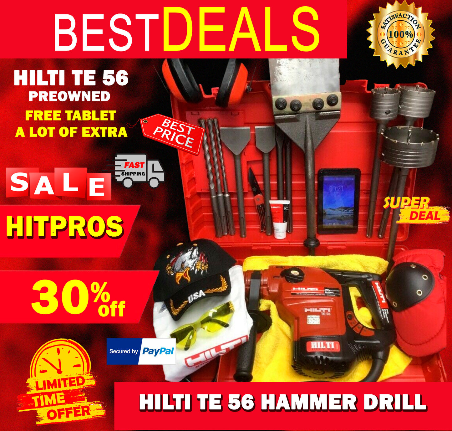 HILTI TE 56 HAMMER DRILL, PREOWNED, FREE TABLET, A LOT OF EXTRAS, QUICK SHIP