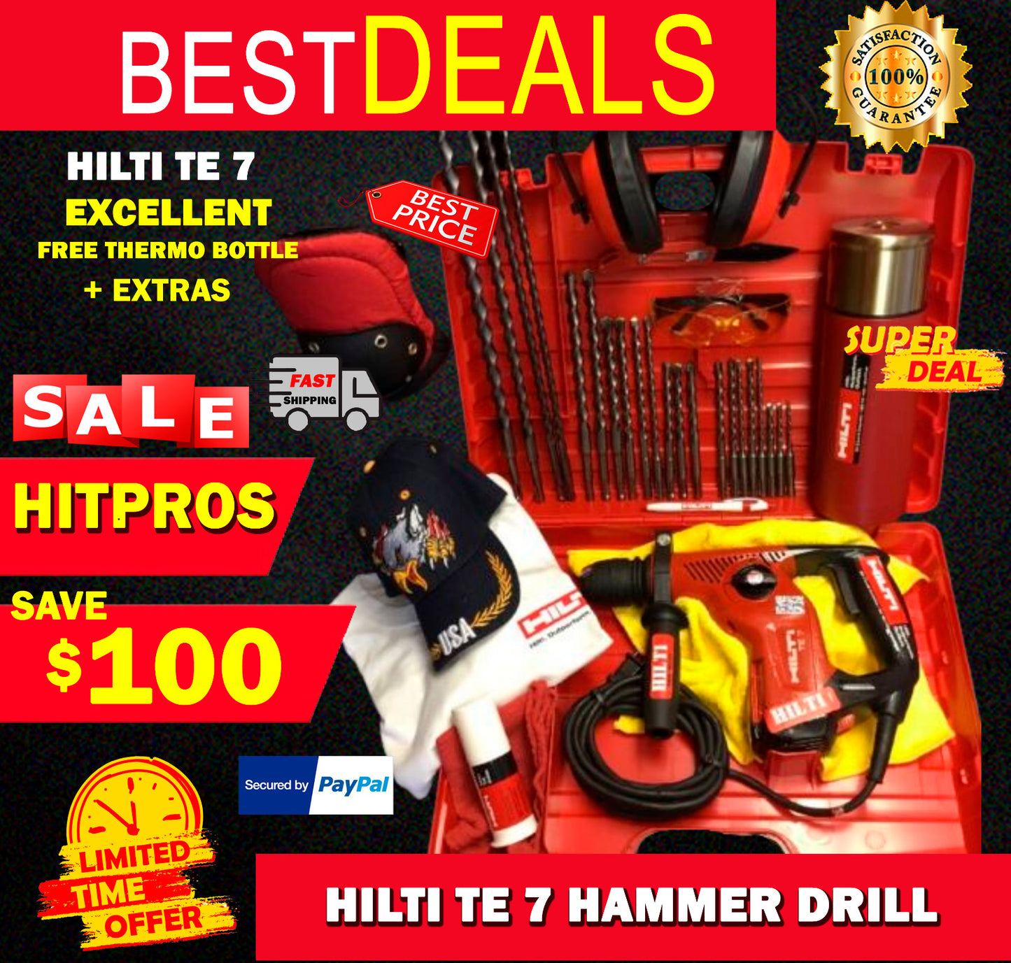 HILTI TE 7 HAMMER DRILL, EXCELLENT, FREE BITS, FREE THERMO BOTTLE