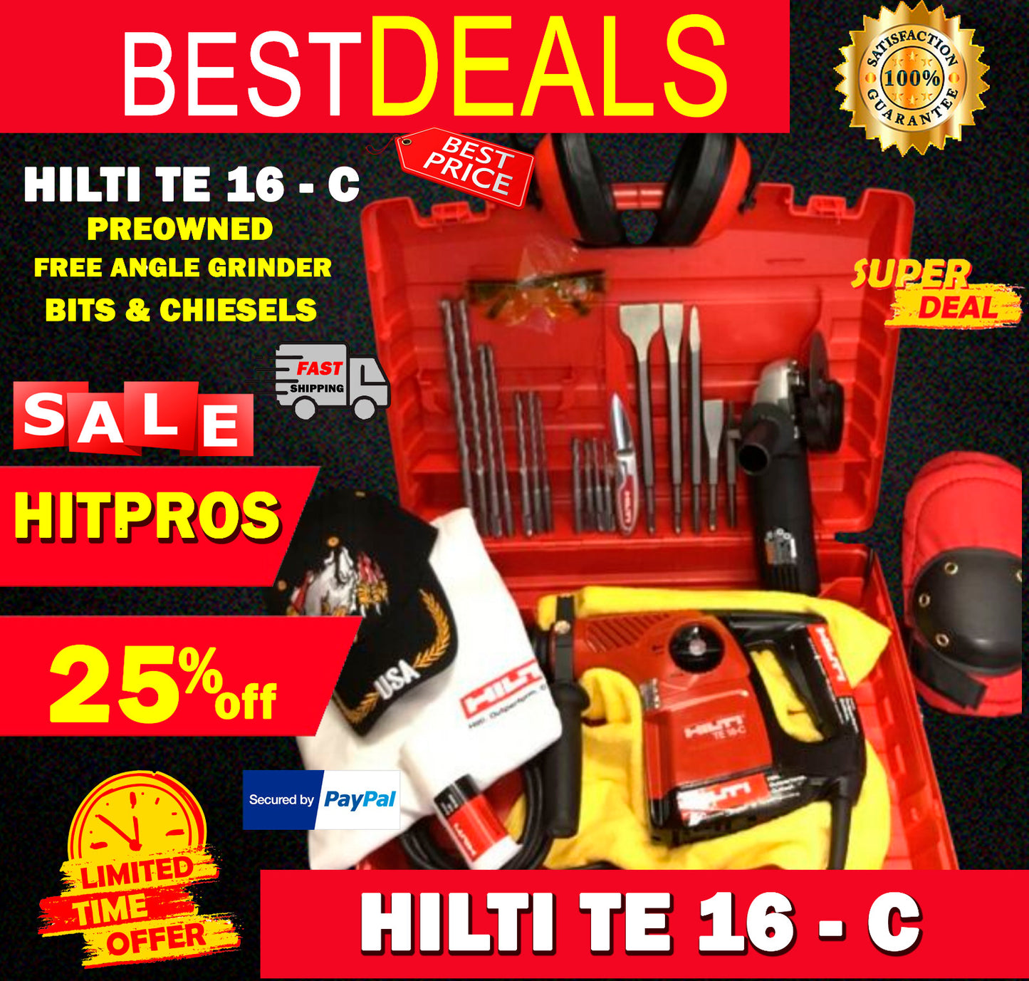 HILTI TE 16-C, PREOWNED, FREE ANGLE GRINDER, BITS AND CHISELS