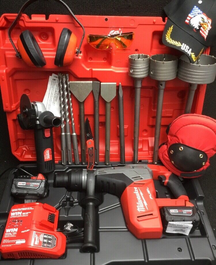 MILWAUKEE CORDLESS HAMMER DRILL, SDS MAX, FREE GRINDER, BUNCH EXTRAS, FAST SHIP