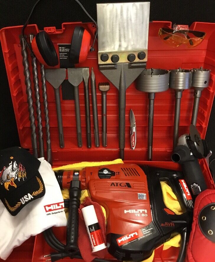 HILTI TE 80 HAMMER DRILL, FREE ANGLE GRINDER, BITS, CHISELS, EXTRAS, FAST SHIP