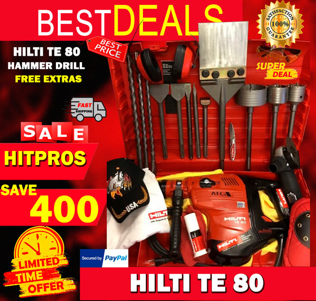 HILTI TE 80 HAMMER DRILL, FREE ANGLE GRINDER, BITS, CHISELS, EXTRAS, FAST SHIP