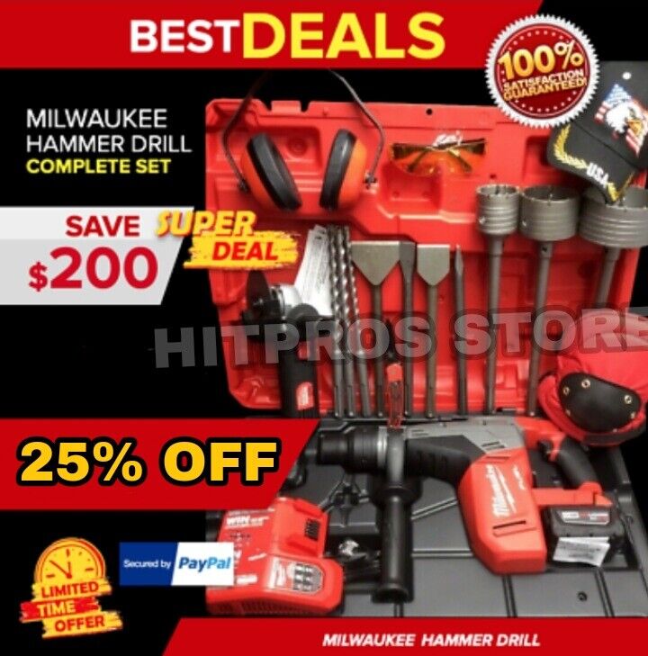 MILWAUKEE CORDLESS HAMMER DRILL, SDS MAX, FREE GRINDER, BUNCH EXTRAS, FAST SHIP