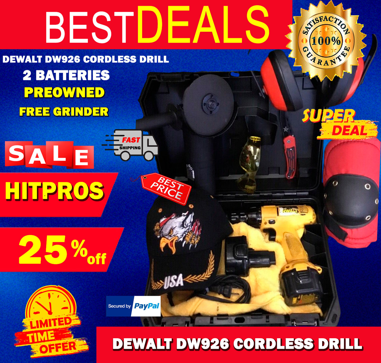 DEWALT DW926 CORDLESS DRILL, 2 BATTERIES, PREOWNED FREE GRINDER