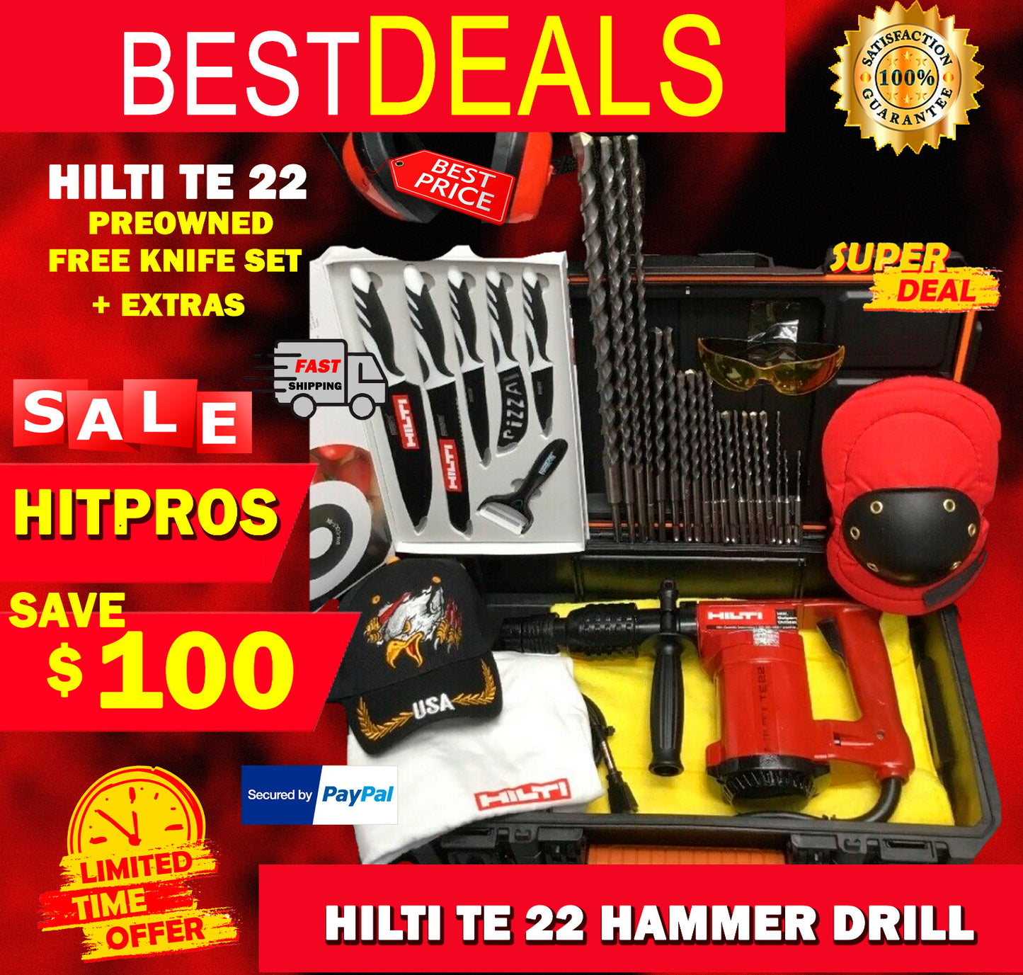 HILTI TE 22 HAMMER DRILL, PREOWNED, FREE KNIFE SET,  EXTRAS