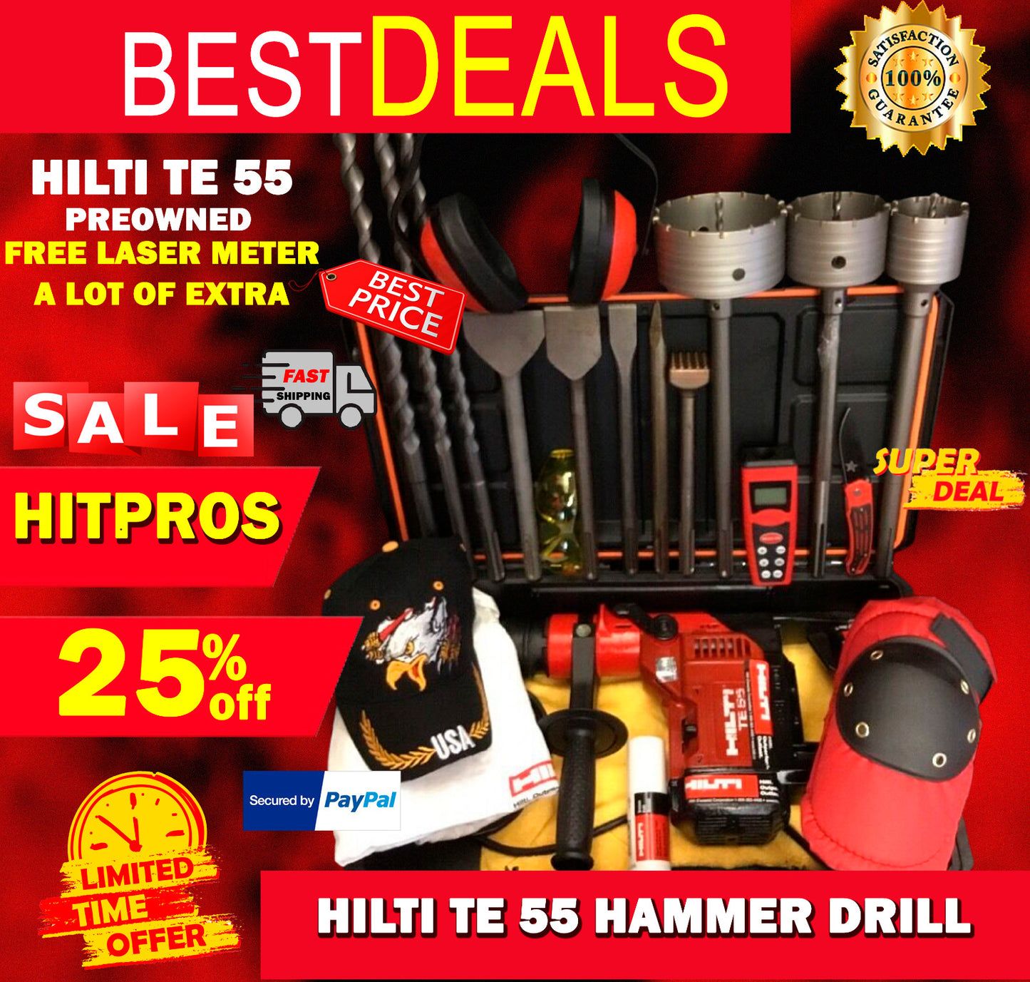 HILTI TE 55 HAMMER DRILL, PREOWNED, FREE LASER METER, A LOT OF EXTRAS, FAST SHIP