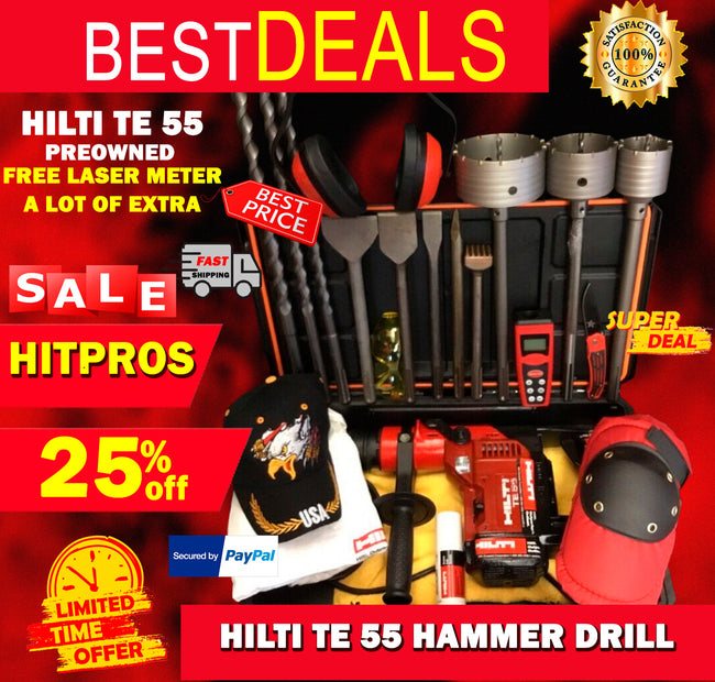 HILTI TE 55 HAMMER DRILL, PREOWNED, FREE LASER METER, A LOT OF EXTRAS, FAST SHIP